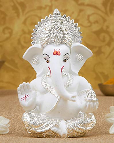 Gold Art India Silver plated White Ganesha for Car Dashboard Home Decor Gifting Diwali Birthday Festivals 3.5 x 2 Inches
