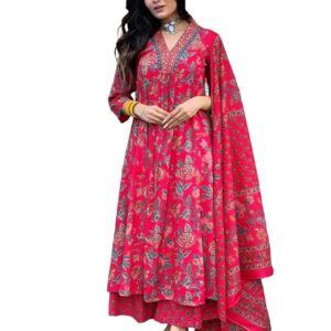 GoSriKi Women’s Rayon Viscose Anarkali Printed Kurta with Palazzo & Dupatta