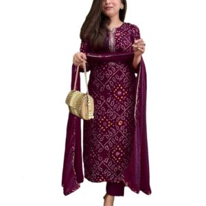 GoSriKi Women’s Rayon Viscose Straight Bandhej Printed Kurta with Pant & Dupatta