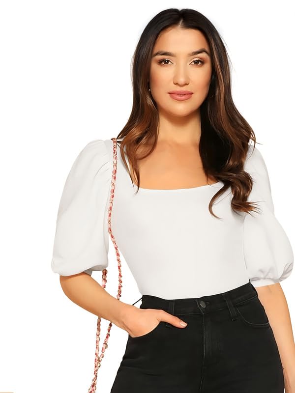 Dream Beauty Fashion Women’s Bishop Puff Sleeves Square Neck Slim Top Polyester Blend (BZF-Top-Eva) Dream Beauty Fashion Women’s Bishop Puff Sleeves Square Neck Slim Top Polyester Blend (BZF-Top-Eva)