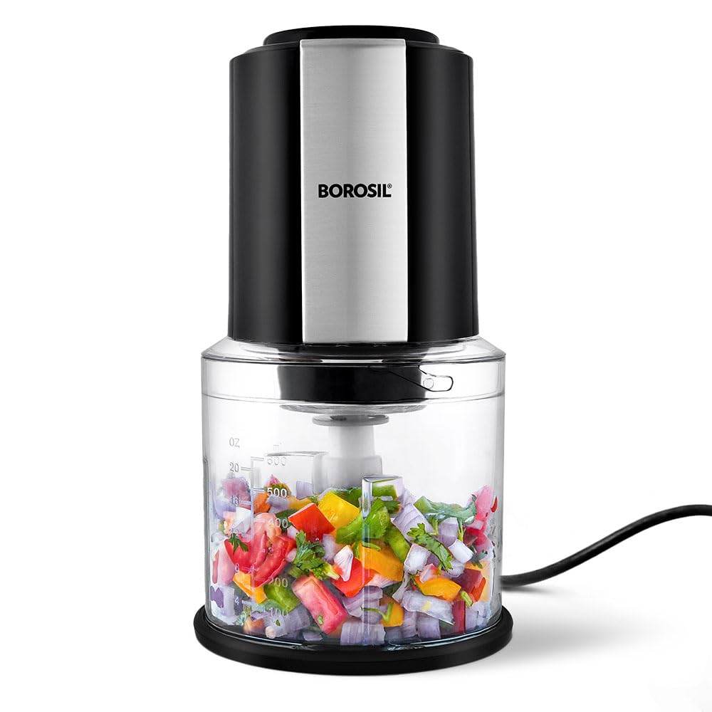Borosil Chef Delite 300 Watts Electric Chopper for Kitchen, Twin Blade Technology, 600 ml ‘chop-n-store’ plastic bowl with lid, Vegetable Chopper, Cutter, Chop, Mince, Dice, Whisk, Blend
