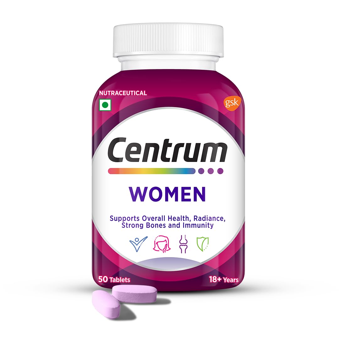 Centrum Women, World’S No.1 Multivitamin With Biotin, Vitamin C & 21 Vital Nutrients For Overall Health, Radiance, Strong Bones & Immunity (Veg) Pack Of 50 Tablets, 73 Grams, 50 Servings