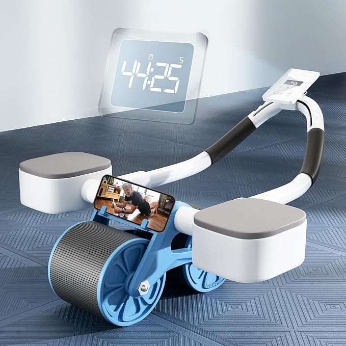 Lifelong LLAR02 Ab Roller With Automatic Rebound, Elbow Support, Timer & Mobile Holder, Dual Non-Slip Wheels, Professional Core Strength Training Ab Roller, Home Gym Core Trainer With Knee Pad – Blue