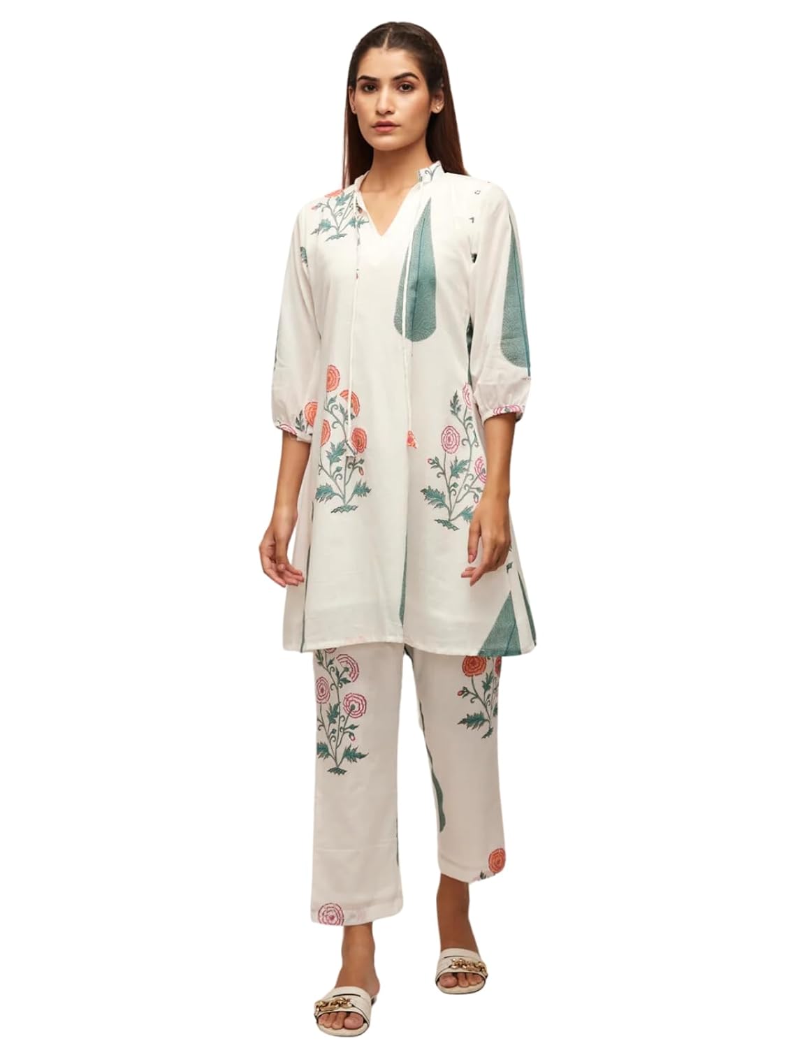 Leriya Fashion Women’s Anarkali Floral Printed Rayon Kurta Pant Set | V-Neck Straight Kurti with 3/4 Sleeves | Soft White & Green Ethnic Co-ord for Casual | Co ord Set For Women Stylish | Kurtis Leriya Fashion Women’s Anarkali Floral Printed Rayon Kurta Pant Set | V-Neck Straight Kurti with 3/4 Sleeves | Soft White & Green Ethnic Co-ord for Casual | Co ord Set For Women Stylish | Kurtis
