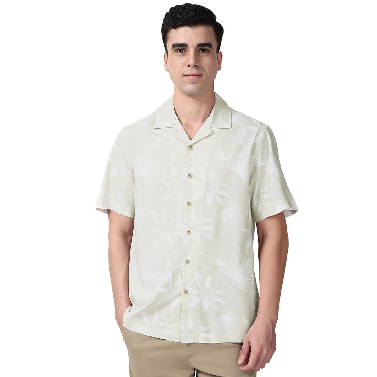 Peter England Men Cotton Blend Classic Fit Floral Print Shirt Cuban Collar,Half Sleeves|Casual Wear