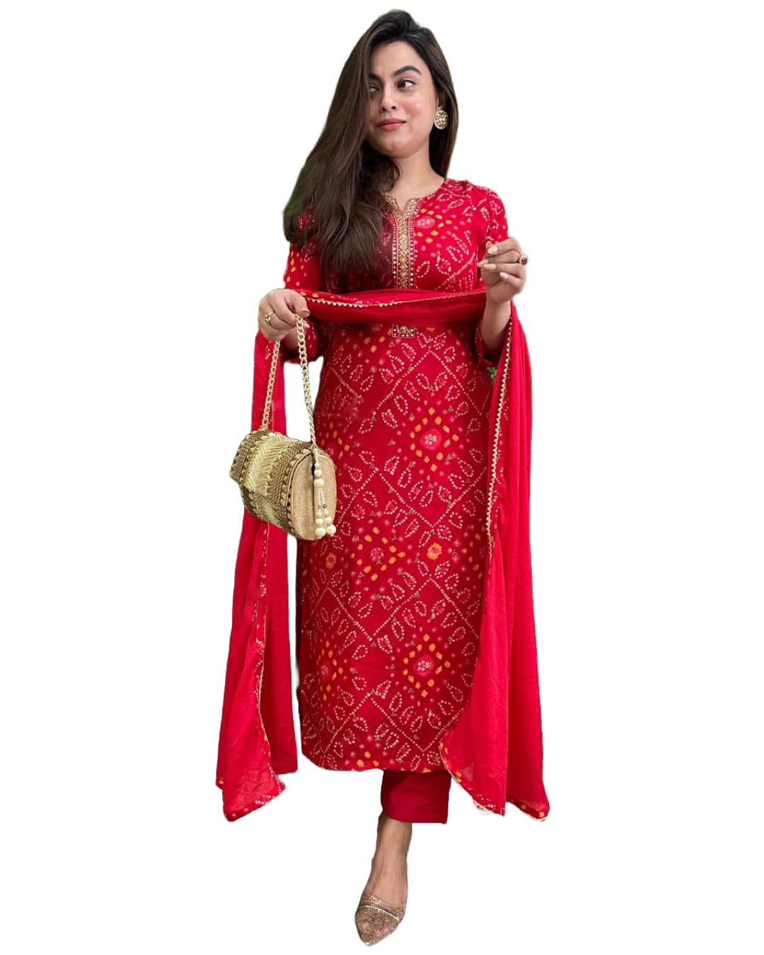 GoSriKi Women’s Rayon Viscose Straight Bandhej Printed Kurta with Pant & Dupatta GoSriKi Women’s Rayon Viscose Straight Bandhej Printed Kurta with Pant & Dupatta