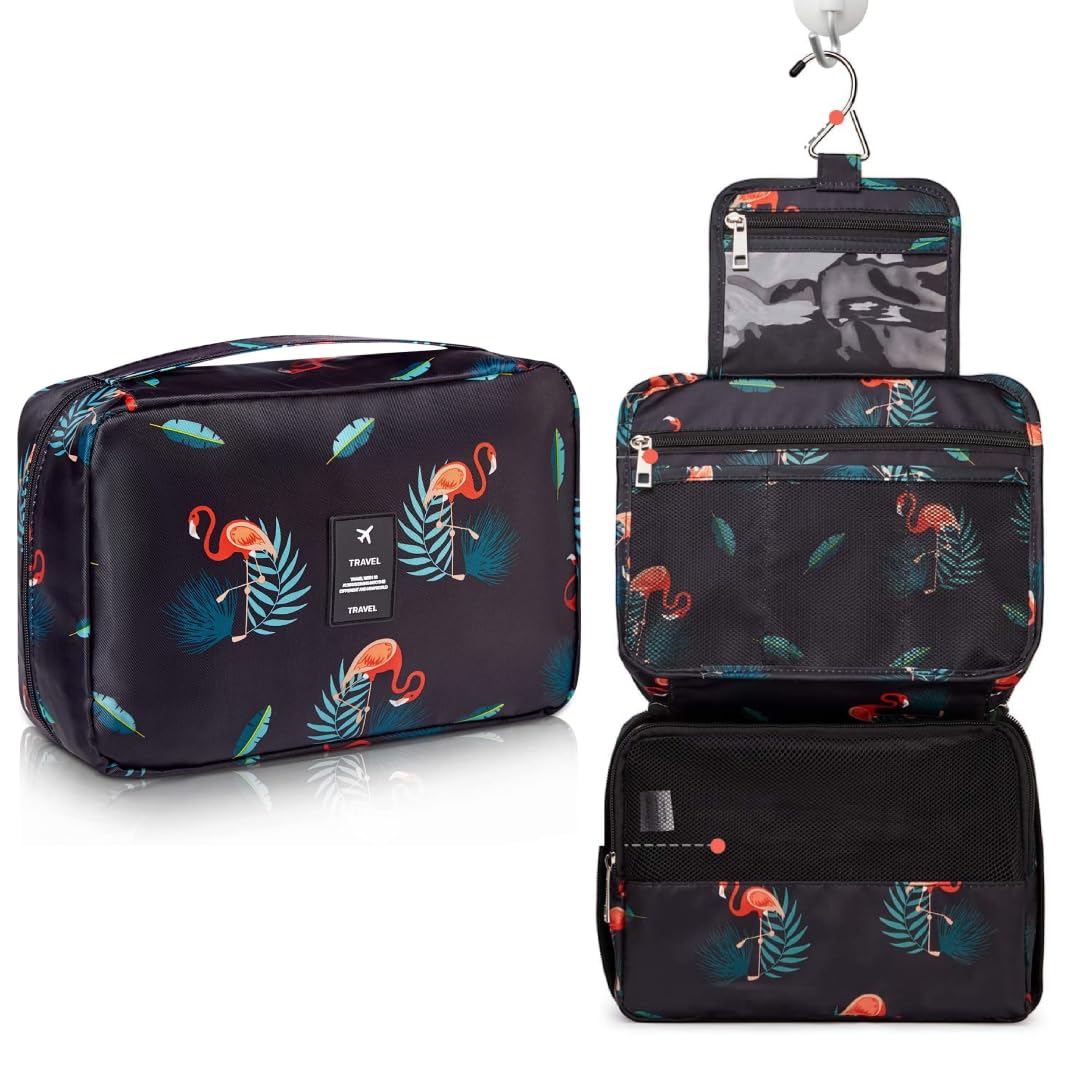 VHKD Hanging Cosmetic Toiletry Bag for Men Women Travel Organizer Accessory Toiletry Cosmetics Bag Nylon Waterproof Makeup Shaving Kit Pouch Bag for Men Women (Black Flemingo, Cosmetic Bag)