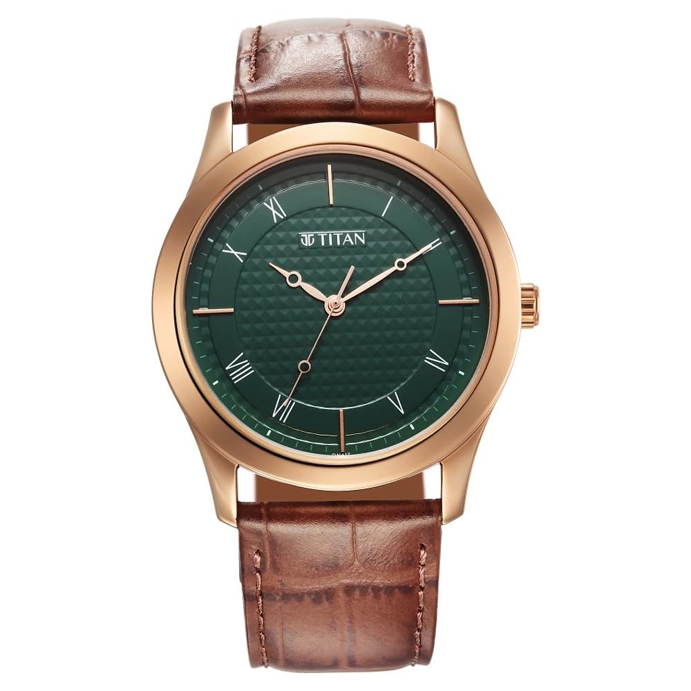 Titan Karishma Quartz Analog Green Dial Brown Leather Strap Watch for Men – NT1823WL02