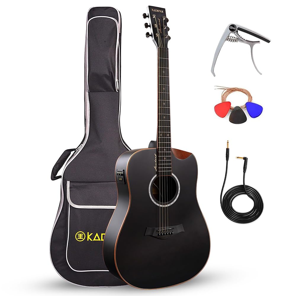 Kadence Slowhand Premium Jumbo Semi Acoustic Guitar with Heavy Padded Bag, guitar cable, Pro Capo (Black Spruce Wood)