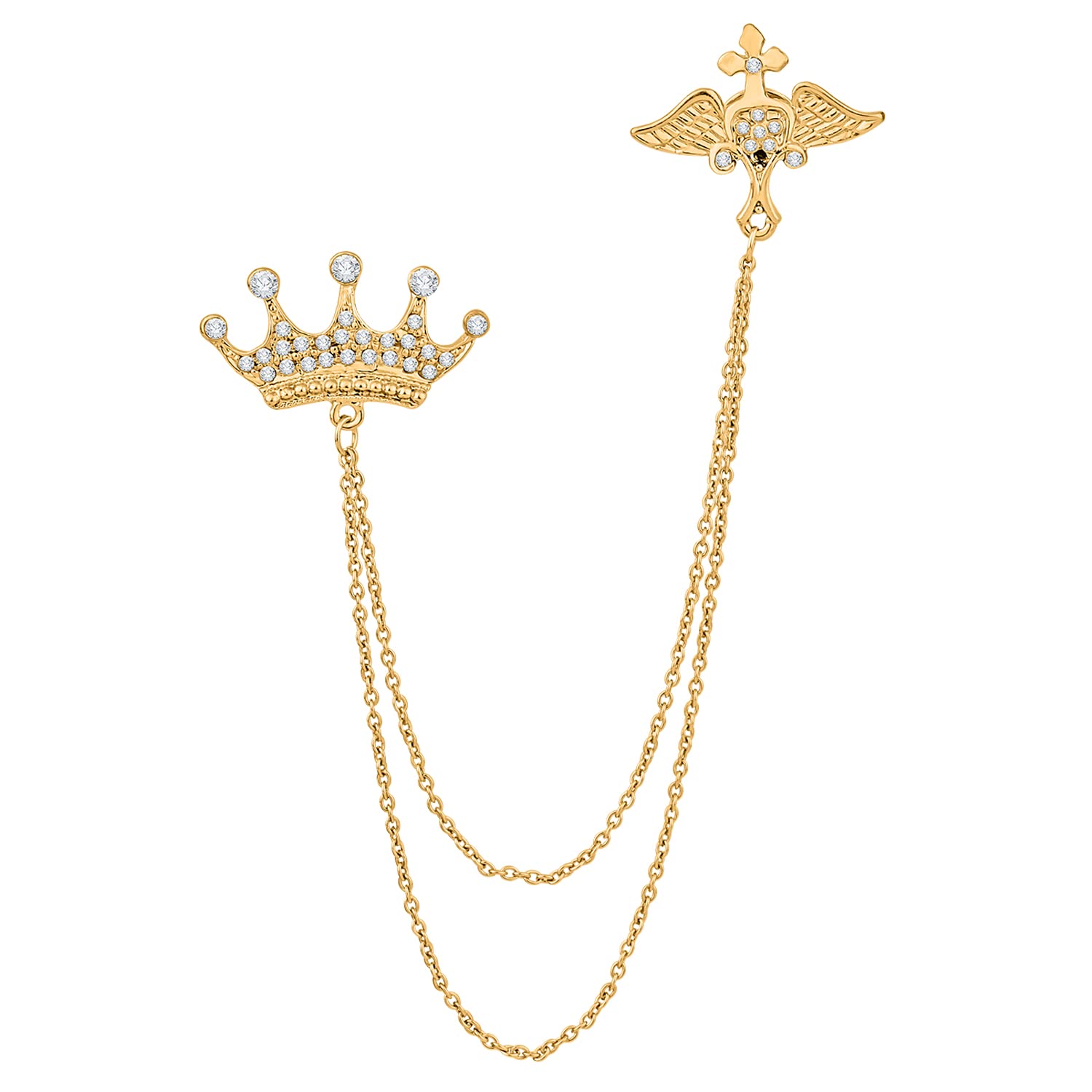 Mahi Gold Plated Double Chain Crown Wing Brooch with Crystal for Men (BP1101022GC)