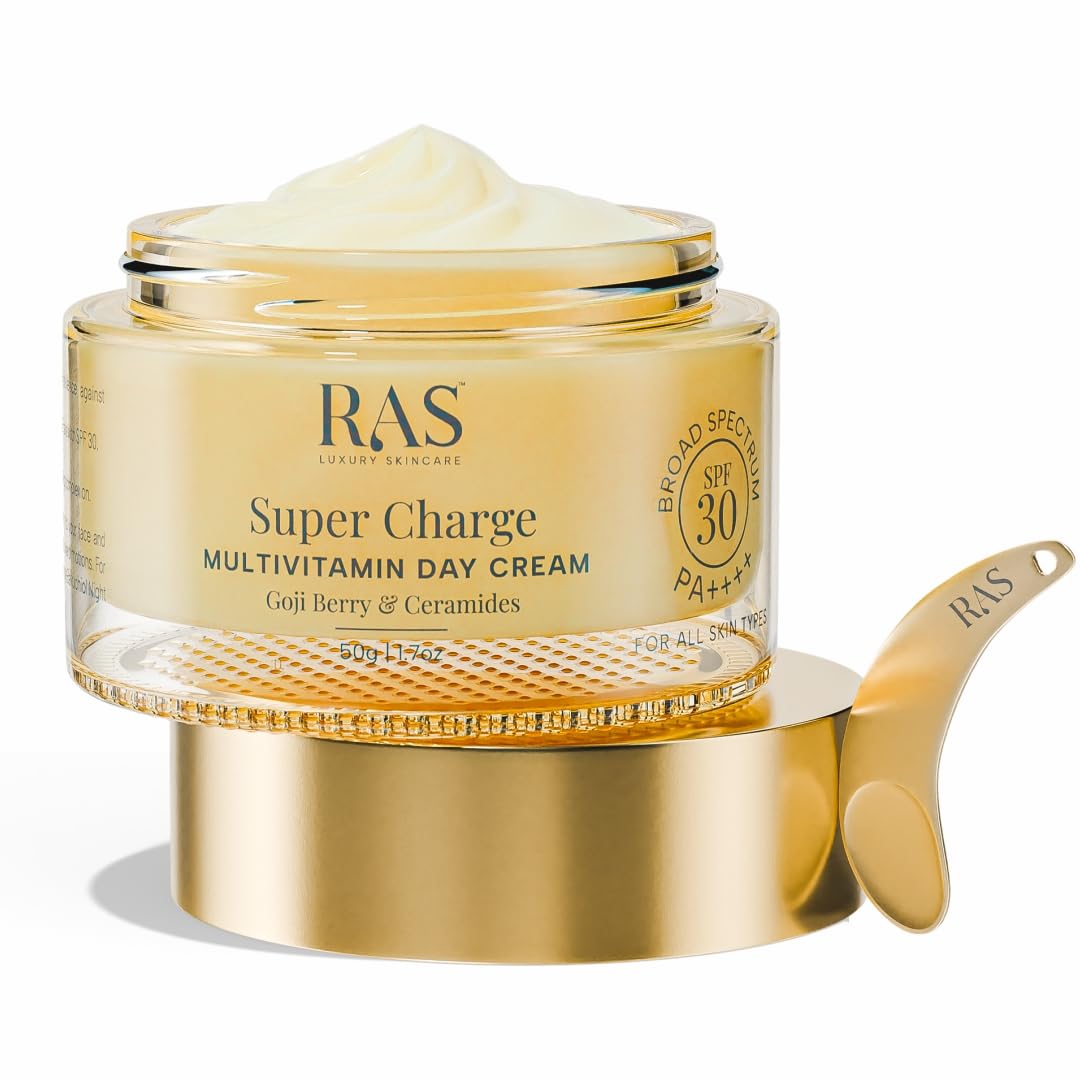 Ras Luxury Oils Super Charge Day Cream with Multivitamin SPF 30 PA++++ Goji Berry & Ceramides | Moisturizer for Glowing Skin with 72HR Hydration | Protection from UVA & UVB | Luxury Skincare