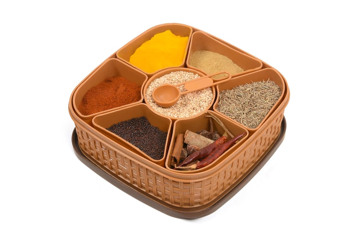 HomeWiz Plastic Square 7 Sections Multipurpose Kitchen Storage Masala Rangoli Dabba Box Set, Spice Box Set – Brown (Masala Box – 7 in 1)