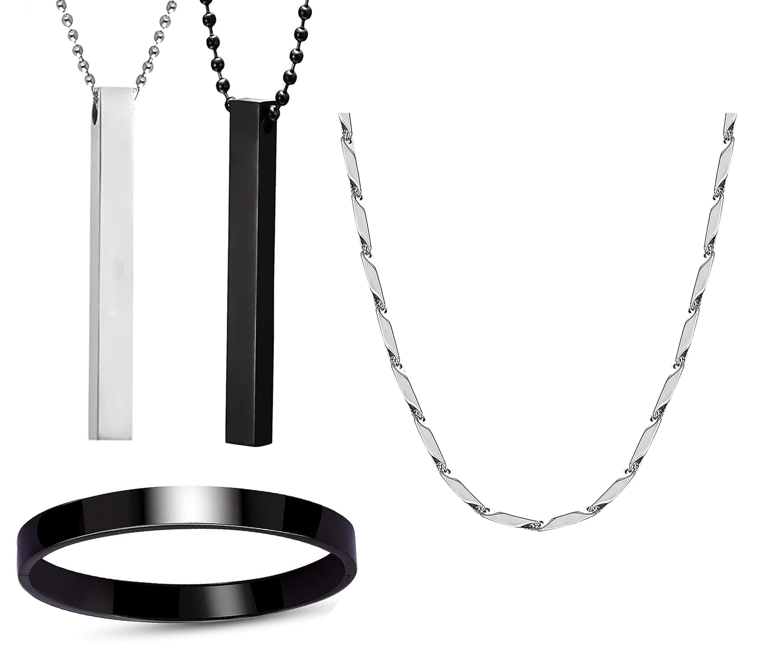 Okos Men’s Stainless Steel Jewellery Set Combo Pack of 2 Cuboid Vertical Bar Pendant With 1 Rhodium Plated Rice Shape Link Neck Chain And 1 Black Finish Full Kada Bracelet For Boys and Men Okos Men’s Stainless Steel Jewellery Set Combo Pack of 2 Cuboid Vertical Bar Pendant With 1 Rhodium Plated Rice Shape Link Neck Chain And 1 Black Finish Full Kada Bracelet For Boys and Men