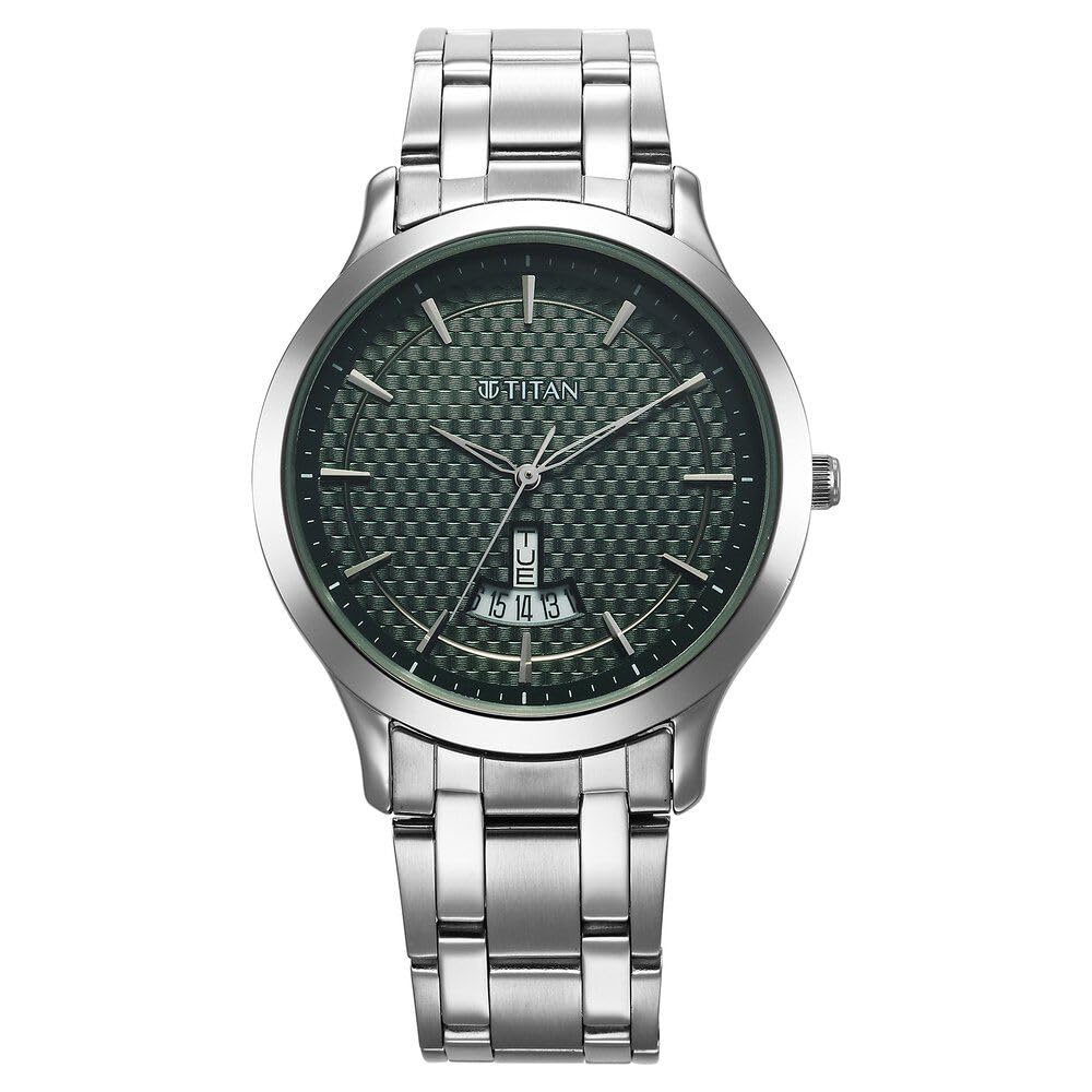 Titan Karishma Quartz Analog with Day & Date Anthracite Green Dial Silver Stainless Steel Strap Watch for Men – NT1825SM11
