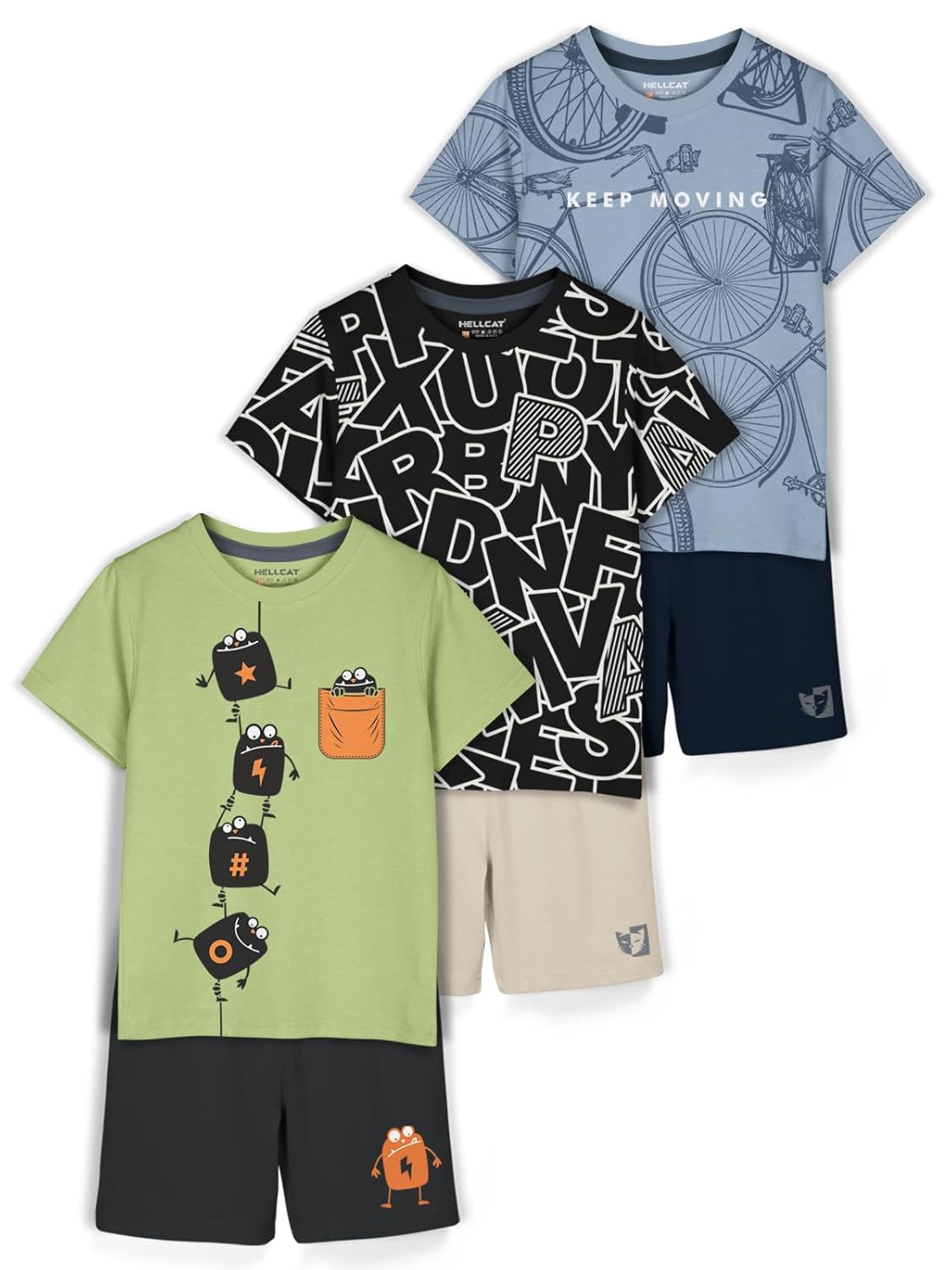 HELLCAT Boys Dress Clothing Set Combo with Tshirts & Shorts – Pack 3