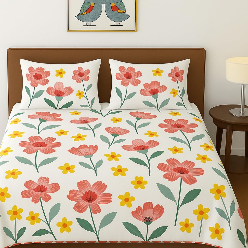 BSB HOME 100% Cotton Feel Double Bed Bedsheet Set | 144 TC Soft & Breathable | Mint Green White Flower Print with 2 Pillow Covers | Wrinkle Free | for Bedroom (90 x 90 Inches)