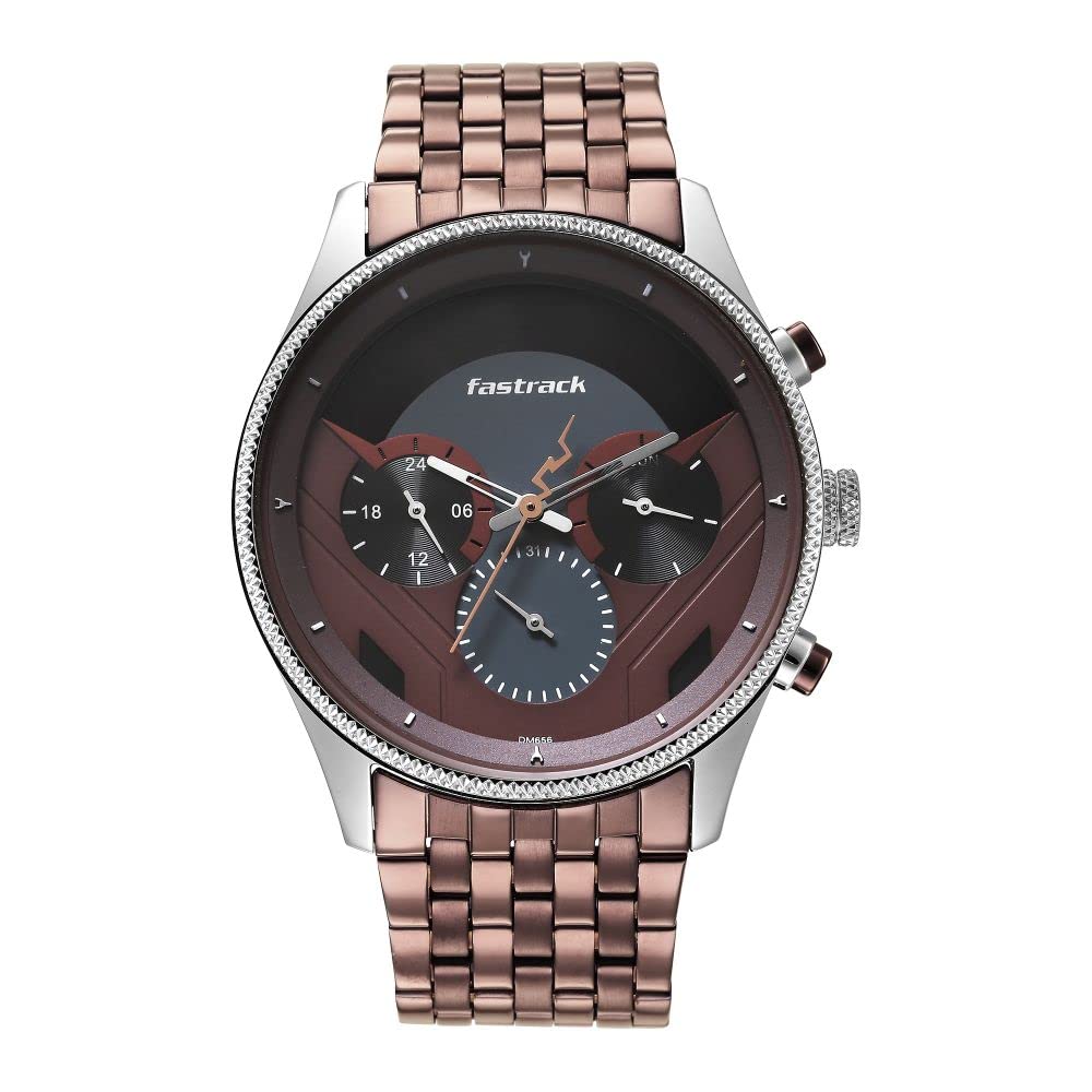 Fastrack Thor Quartz Multifunction Two-Toned Black and Brick Red Dial Copper Brown Metal Strap Watch for Guys – NT3286KM01 Fastrack Thor Quartz Multifunction Two-Toned Black and Brick Red Dial Copper Brown Metal Strap Watch for Guys – NT3286KM01