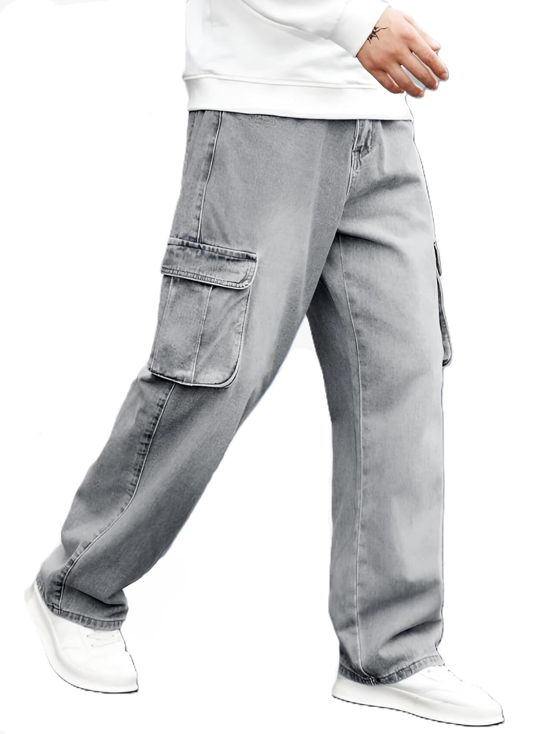 Ben Martin Men’s Denim Cotton Cargo Jeans || Stretchable Baggy Fit || High Waist Loose Cargos for Men with Box Pockets || Stylish Gen-Z Streetwear || Sizes 28–40 || Black, Khaki, Grey & More