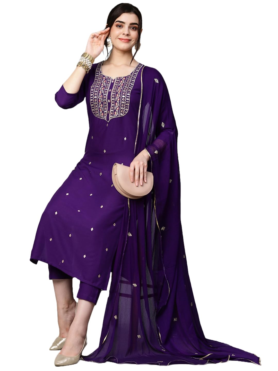 GoSriKi Women’s Cotton Blend Embroidered Kurta Set with Pant & Dupatta – Straight Calf‑Length, 3/4 Sleeve, Round Neck – Elegant Ethnic Attire (5 Colors, S–5XL)