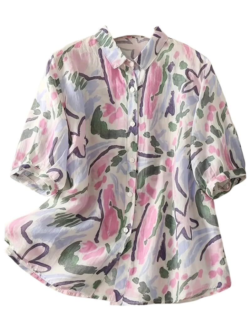 Gufrina Women’s Casual Button-Down Shirt with Multicolor Floral Print & Half Sleeves, Collar Neck