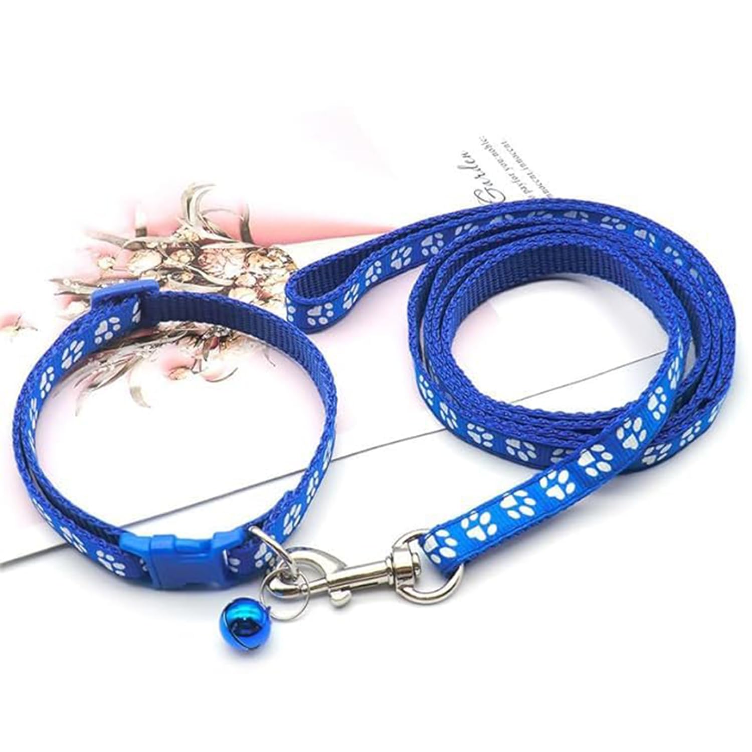 YellowCult Dog/Cat Collar Leash Set with Adjustable Soft Nylon Paw Print Pet Collar for Cats, Puppies, Small Dogs, Fat Rabbits Walking Training, Bell & Quick Release Buckle Safety Lock -[Dark Blue]