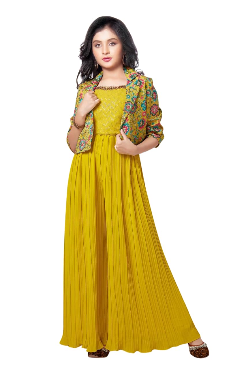 White Button new lemon sequence work with floral print jacket style indowestern palazzo set for girls White Button new lemon sequence work with floral print jacket style indowestern palazzo set for girls
