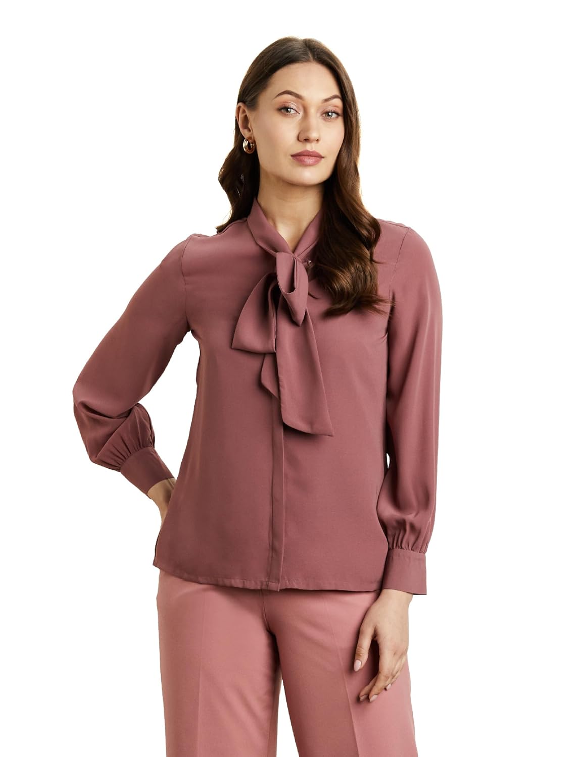 Symbol Premium Women’s Solid Desk-to-Dinner’ Bow Tie Top (Regular Fit)