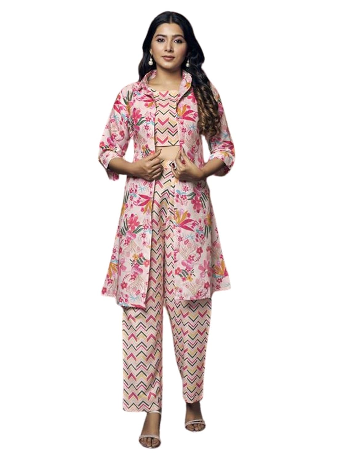 GRECIILOOKS Co Ord Set For Women stylish | Ethnic Anarkali Printed Kurta set | 3 Piece Kurtis Pant Set | Trendy Winter Travel Outfit For Holiday Look & Puja | Viscose Rayon Printed Kurta & Straight Pant | 3/4 sleeve
