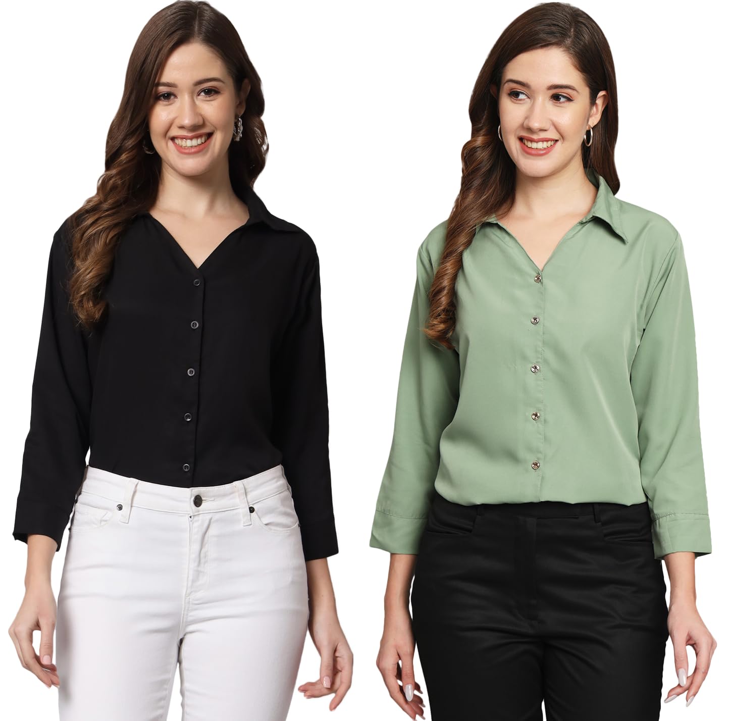 FUNDAY FASHION Women’s Crepe Regular Fit Solid V Collered Casual Shirt (Pack of 2)