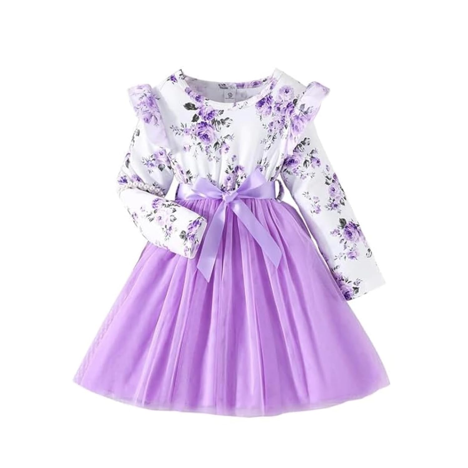 Niren Enterprise 1019 Long Sleeve Printed Flower Belted Square Neck Baby Girl Frock with Knee-Length and A-Line Style