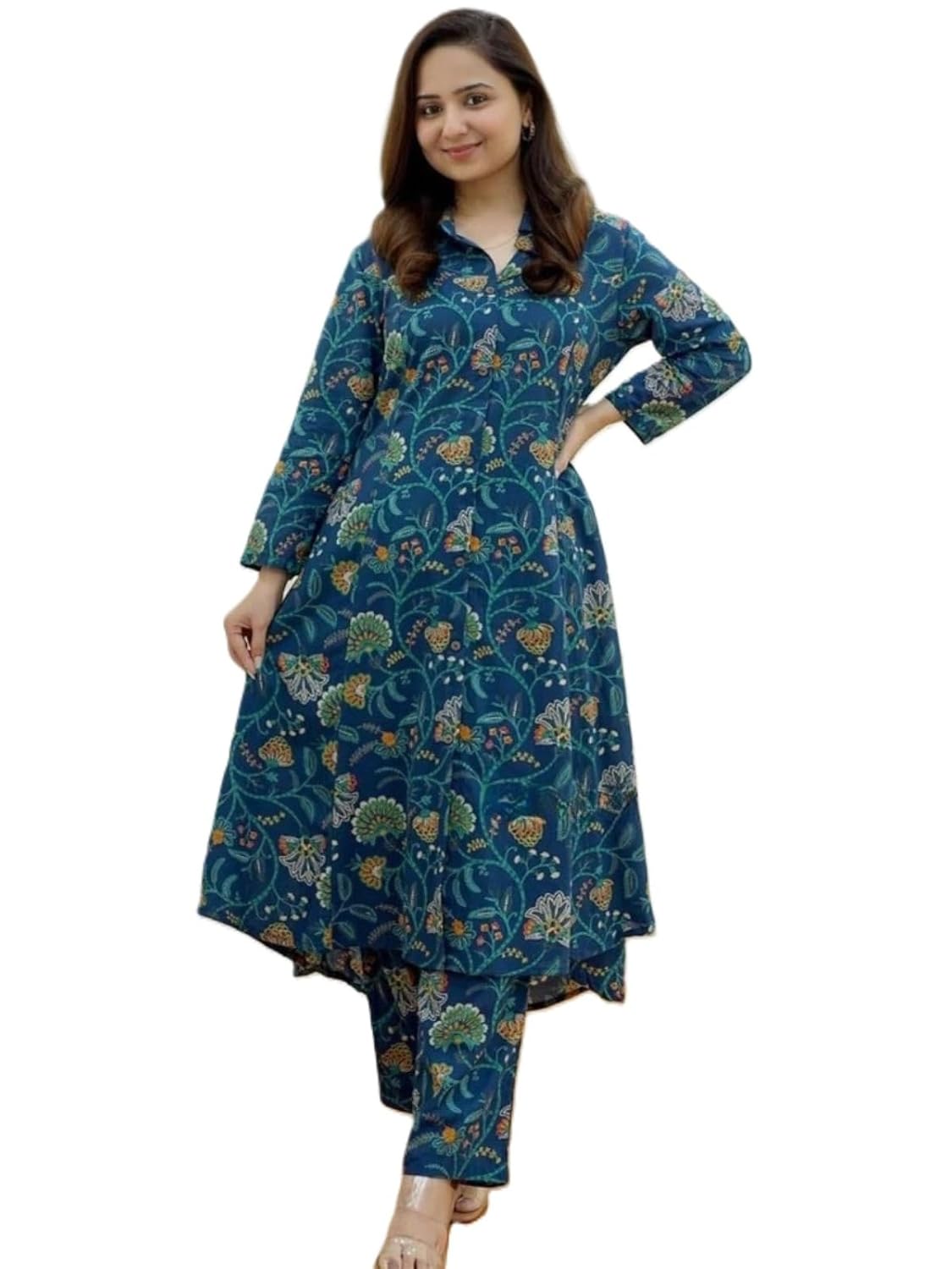 Leriya Fashion Women’s Anarkali Rayon Floral Printed Kurta Pant Set | High-Low Hem & 3/4 Sleeves | Ethnic Co-ord for Festive & Casual Wear | Co ord Set For Women Stylish | 2 Piece Dress For Holiday Look & Puja