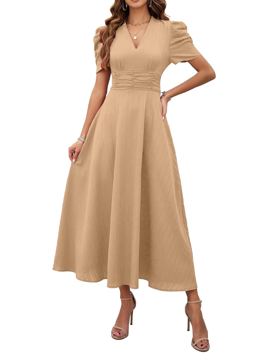Shasmi Girl’s & Women’s Solid Color V-Neck A-Line Maxi Dress for Women | New Year Party Outfit | Waist Cinched Puff Sleeve Western Dress | Elegant Casual Wear (Dress 246)