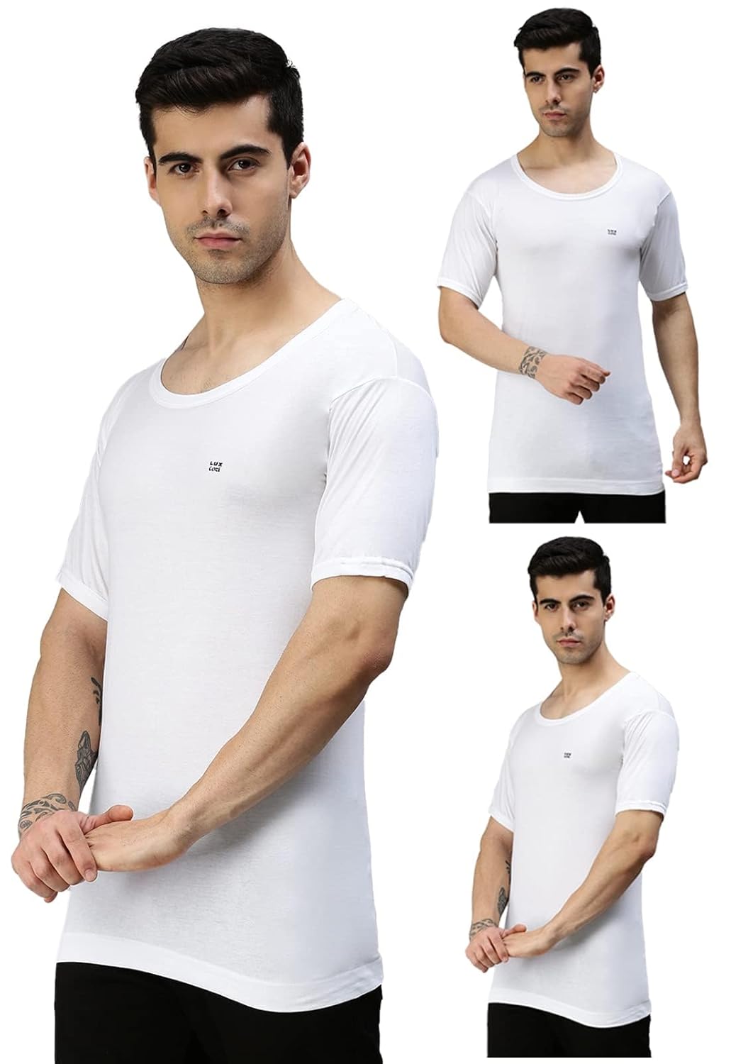 Lux Cozi Men’s White Round Neck Half Sleeves 100% Cotton Modern Fit Vest With Extended Length For Easy Tuck (Pack Of 3) Lux Cozi Men’s White Round Neck Half Sleeves 100% Cotton Modern Fit Vest With Extended Length For Easy Tuck (Pack Of 3)