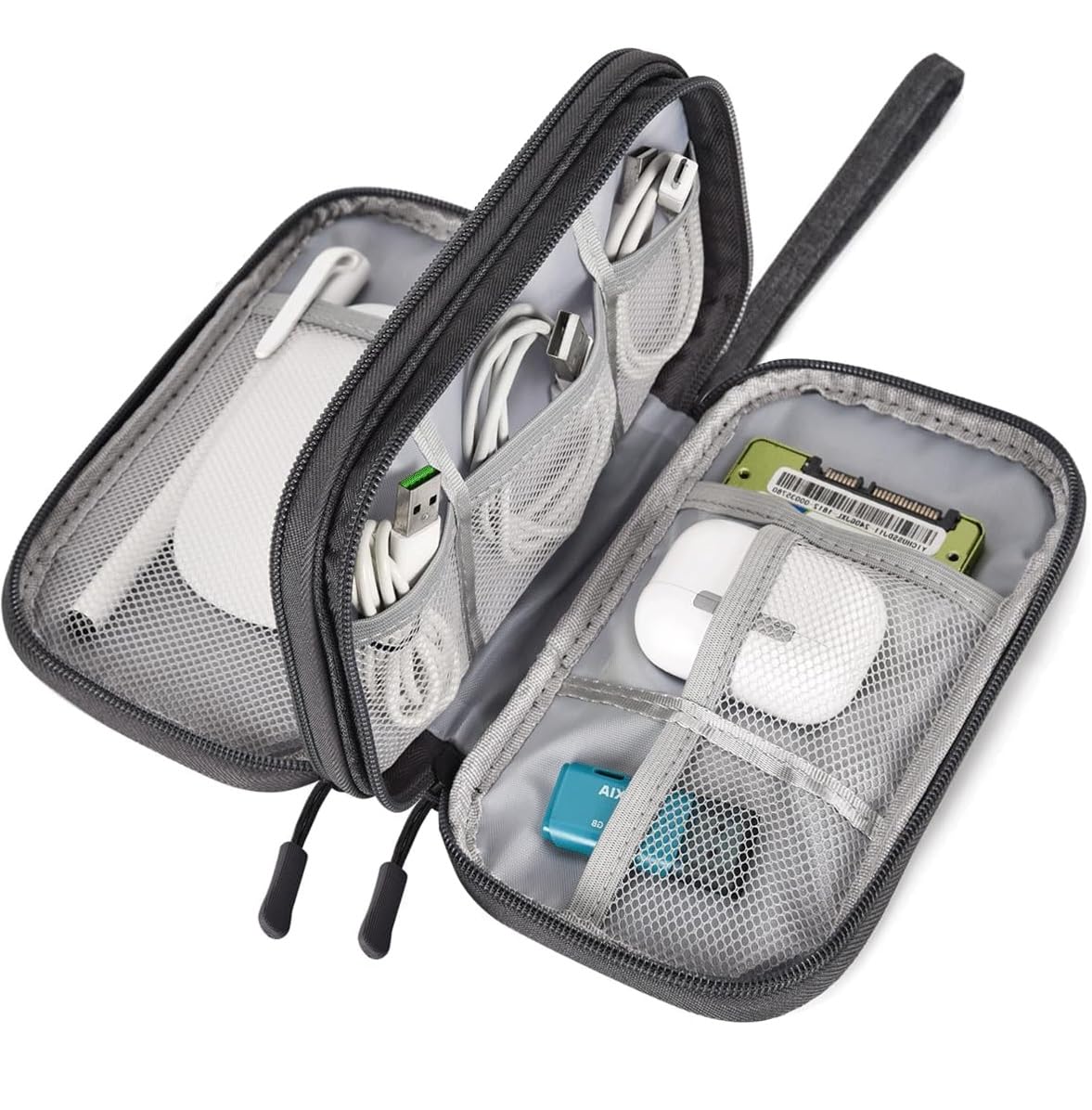 SaleOn 8.3X5 Inch Portable Storage Organizer Bag Usb Cable, Earphone, Power Bank, Mobile Charger, Hard Disk & Digital Gadgets With Mesh, Dual Zippers & Elastic Loops, Inside Color May Vary, grey