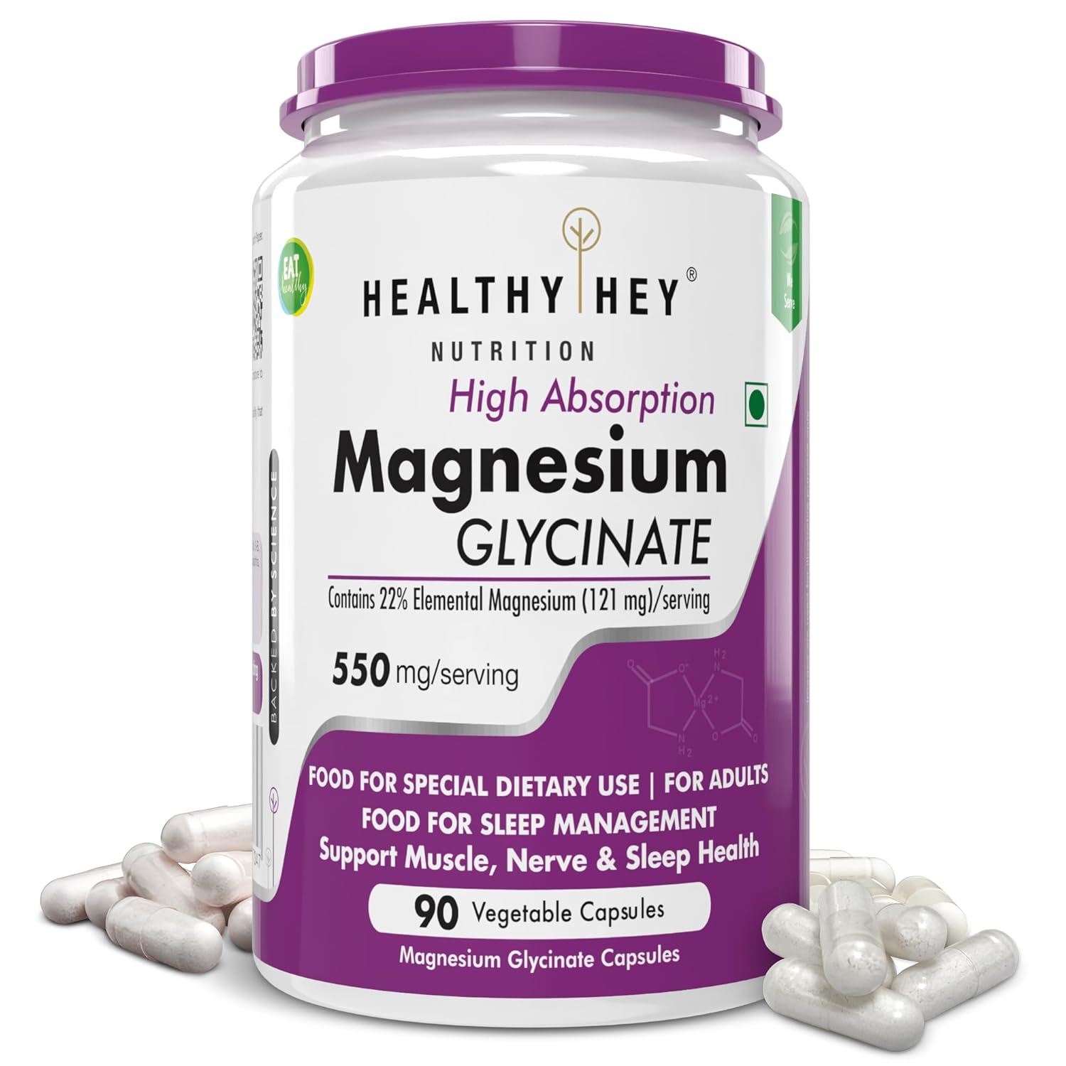 HealthyHey Nutrition Magnesium Glycinate High Absorption for Sleep, Cramps, & Nerves Health – 90 Vegetable Capsules
