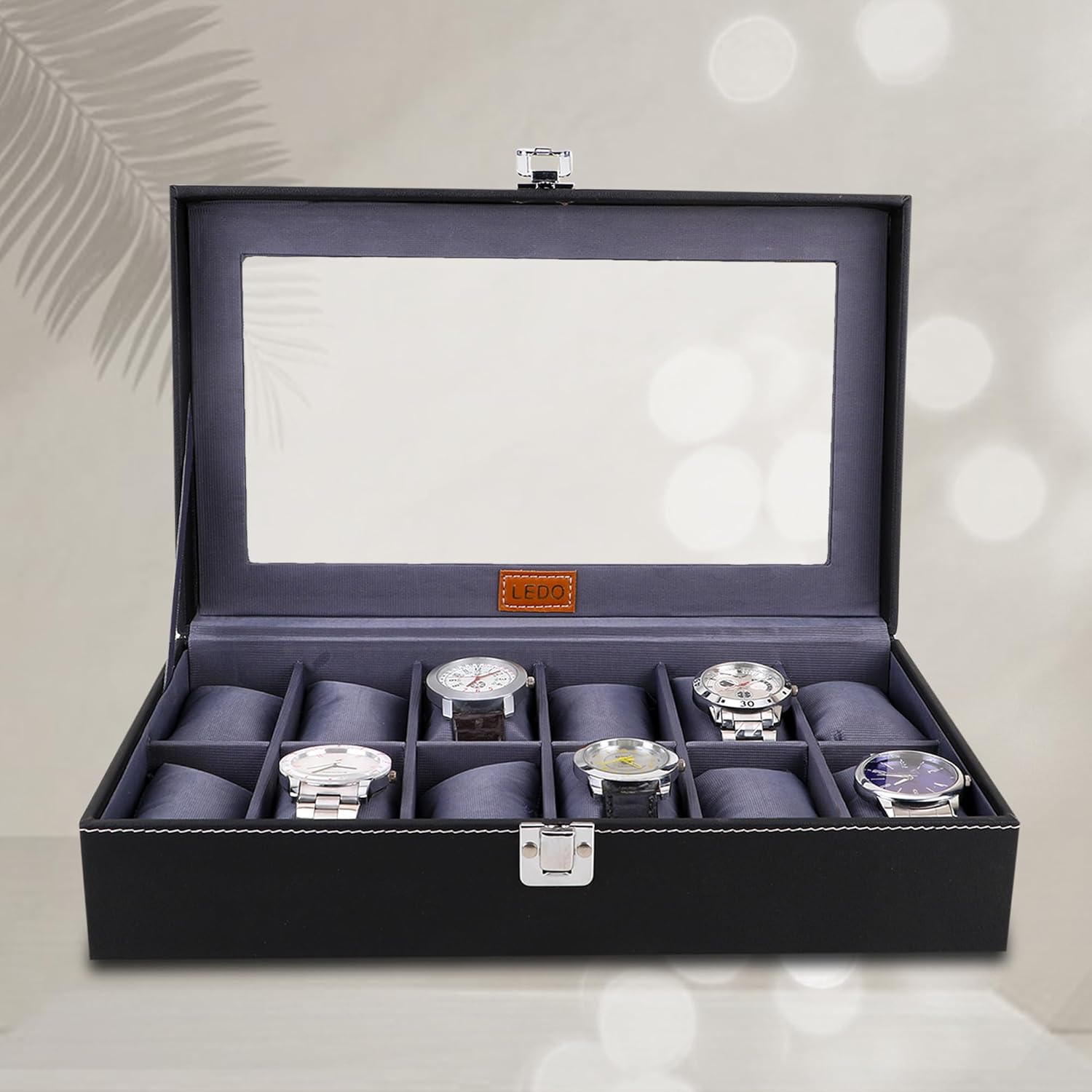 LEDO Men’s and Women’s Watch Box Holder Organizer Case In 12 Slots of watches In PU Leather with Black & Gray LEDO Men’s and Women’s Watch Box Holder Organizer Case In 12 Slots of watches In PU Leather with Black & Gray