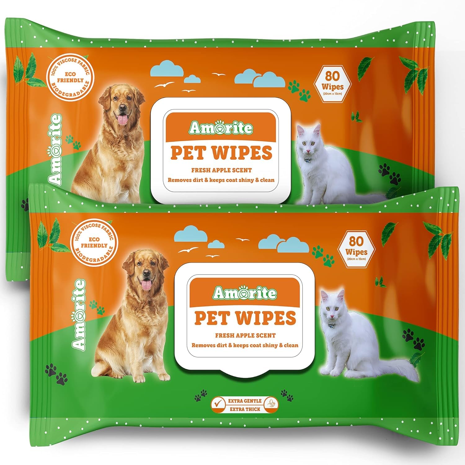 AMORITE Anti-Bacterial 160 Count Pet Wipes with Fresh Apple Scent for Dogs, Puppies & Pets (Pack of 2) Suitable for All Types of Pets’ Dry Bathing, Daily Care, Paw Cleaning Wipes