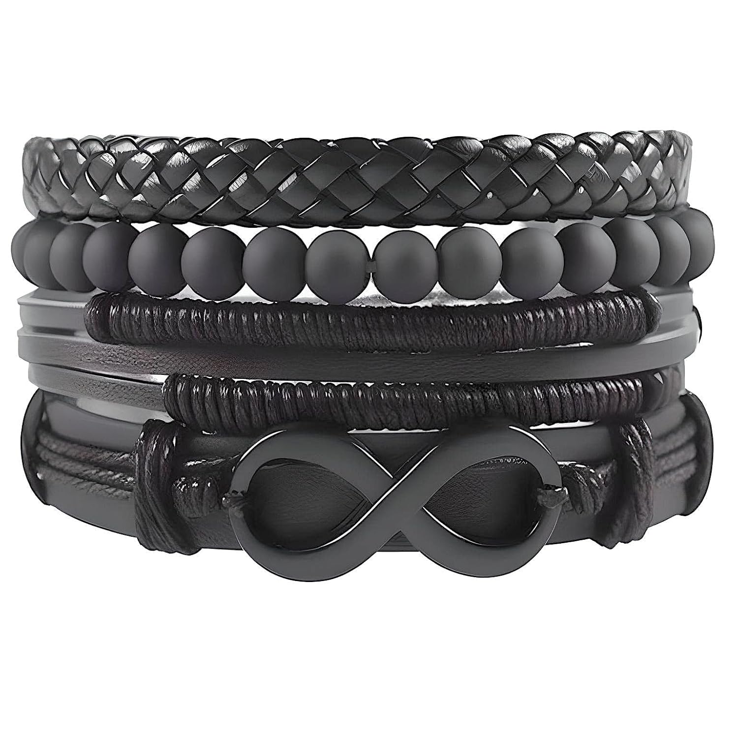 THE MEN THING QUADRA-FUSION INFINITY BLACK – Leather Bracelet Set, 4pcs Black Genuine Braided Leather Bracelets, Tribal Woven Ethnic Wrap Infinity Bracelet for Men & Boys (8inch)