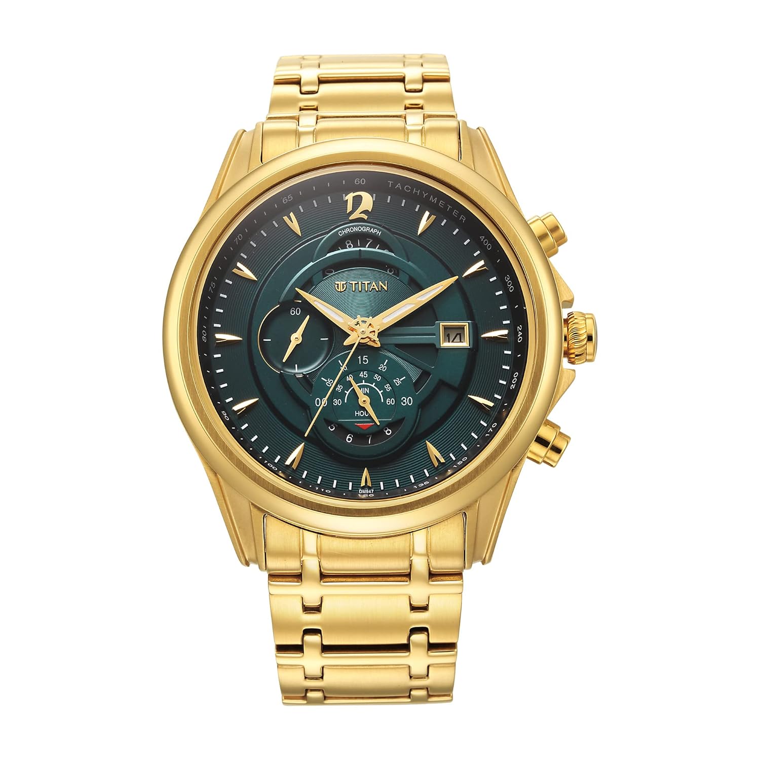 Titan Regalia Premium Quartz Chronograph with Date Forest Green Dial Gold Stainless Steel Strap Watch for Men – NT1830YM02