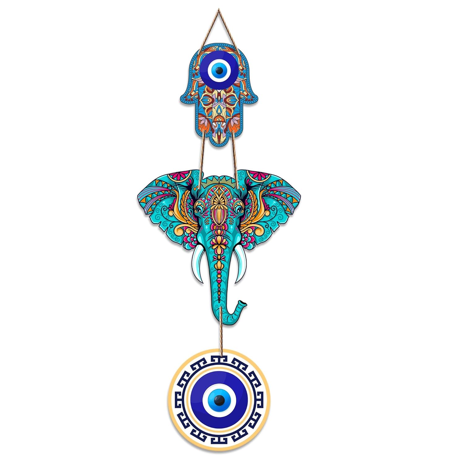 Artvibes Designer Elephant Wooden Wall Hanging for Home Decor | Hamsa Hand Decoration for Livingroom | Modern Artworks Items | Peace Charm Door Accent Decorative Hangings (WH_8506N)