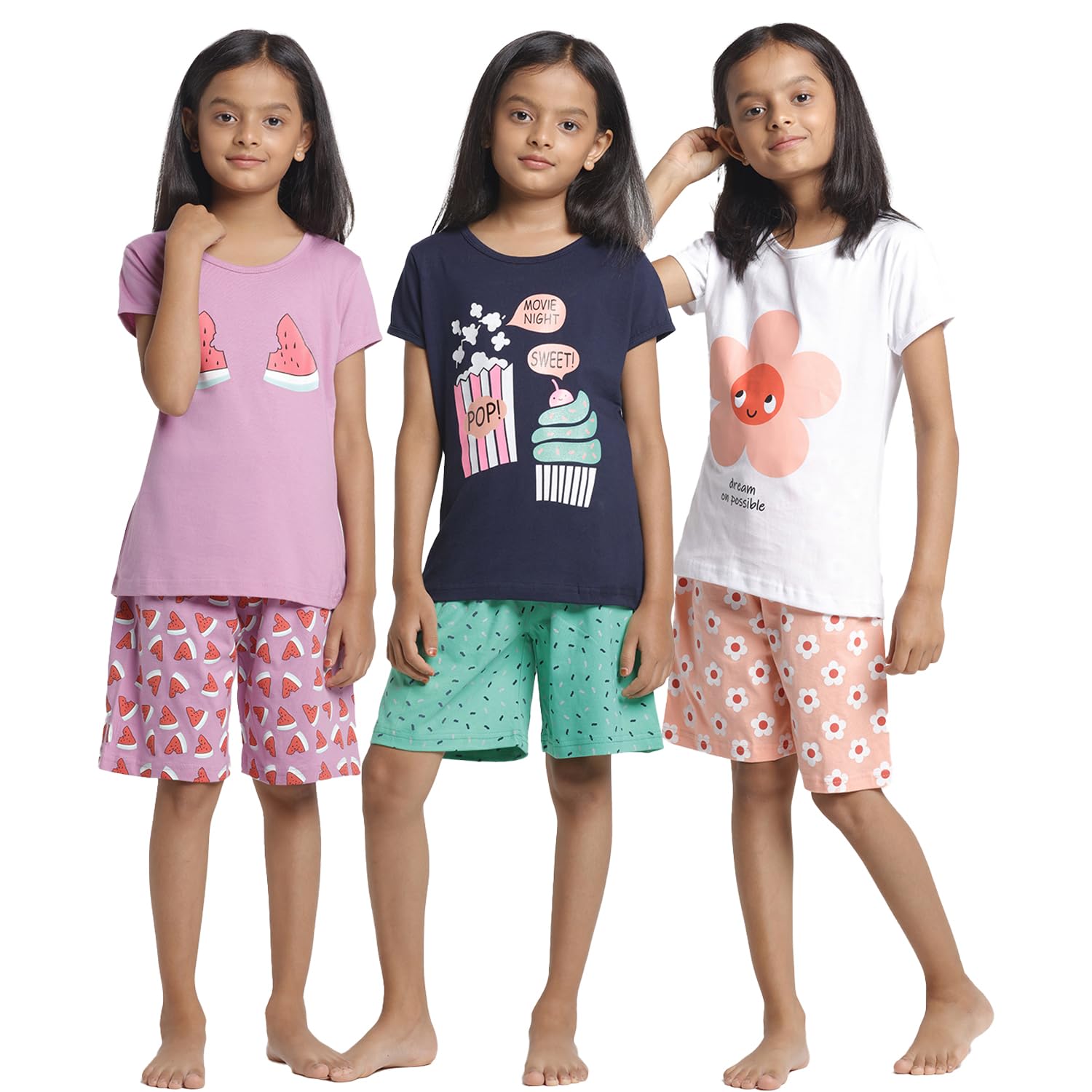 T2F Girls Cotton Printed Regular FitTop and Shorts Set Clothing Set (Pack of 3)