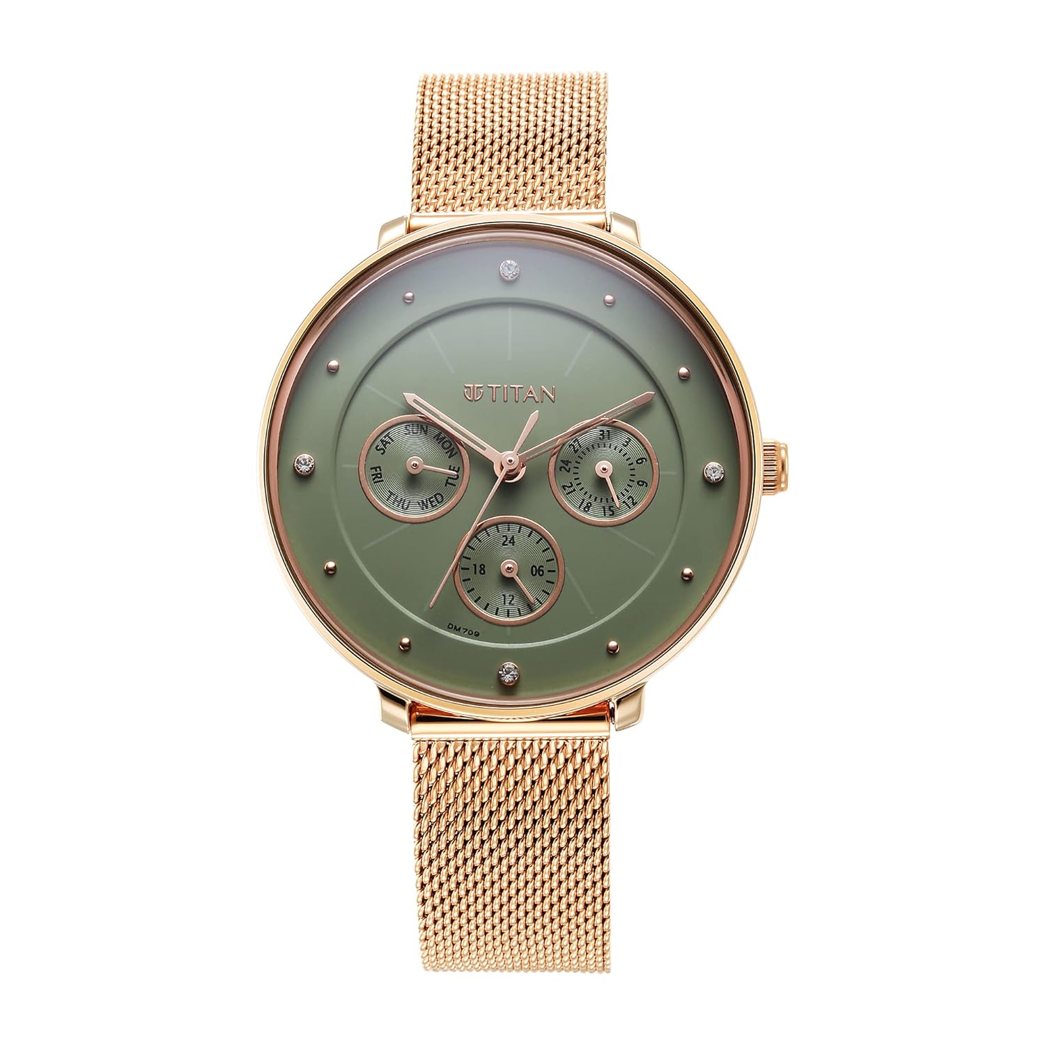 Titan Neo Quartz Multifunction Green Dial Rose Gold Stainless Steel Strap Watch for Women – NT2651WM05 Titan Neo Quartz Multifunction Green Dial Rose Gold Stainless Steel Strap Watch for Women – NT2651WM05