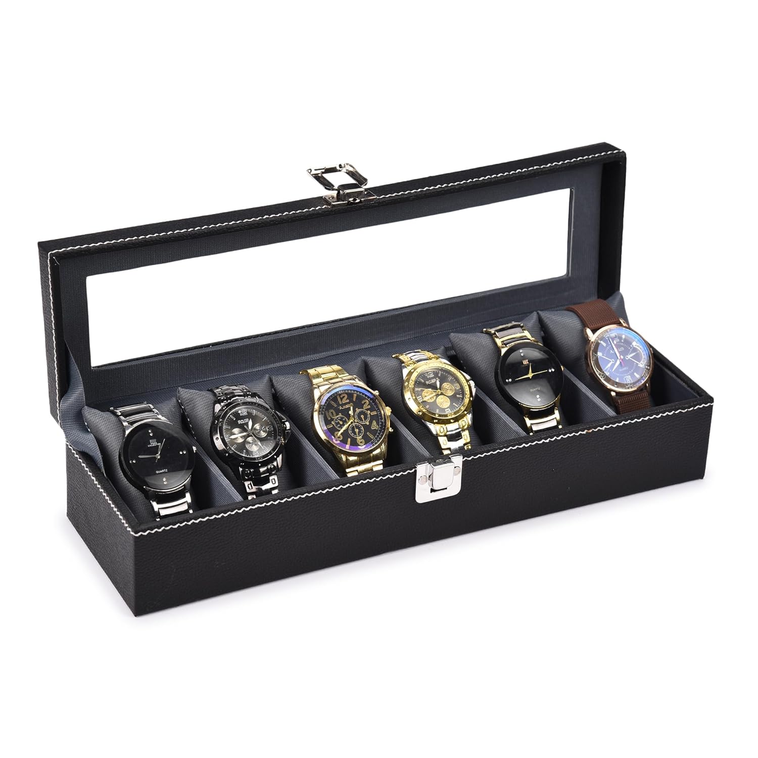 STORESHINE Men’s and Women’s Leatherette Watch organizer holder Case for 6 Watches, Removable Watch Pillows, Watch Box Holder, Gift for Loved Ones (Grey::Black) STORESHINE Men’s and Women’s Leatherette Watch organizer holder Case for 6 Watches, Removable Watch Pillows, Watch Box Holder, Gift for Loved Ones (Grey::Black)