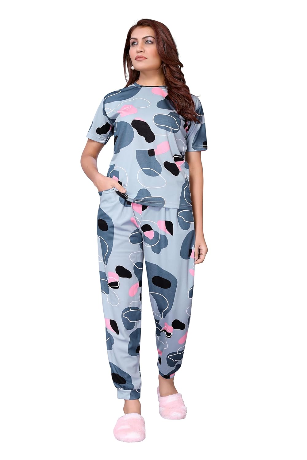 VJ Fashion Women’S Cotton Lycra Printed & Knitted Round Neck Night Wear Set Of Top And Pazama