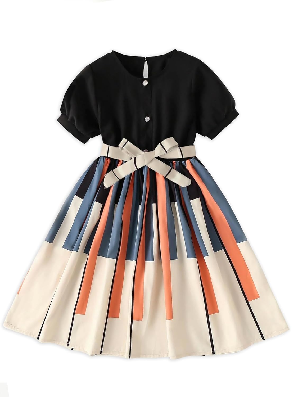 PAMBERSTON Girls Geometric Print Dress for Kids, Fit and Flare, Round Neck, Frock for Girls (Black)