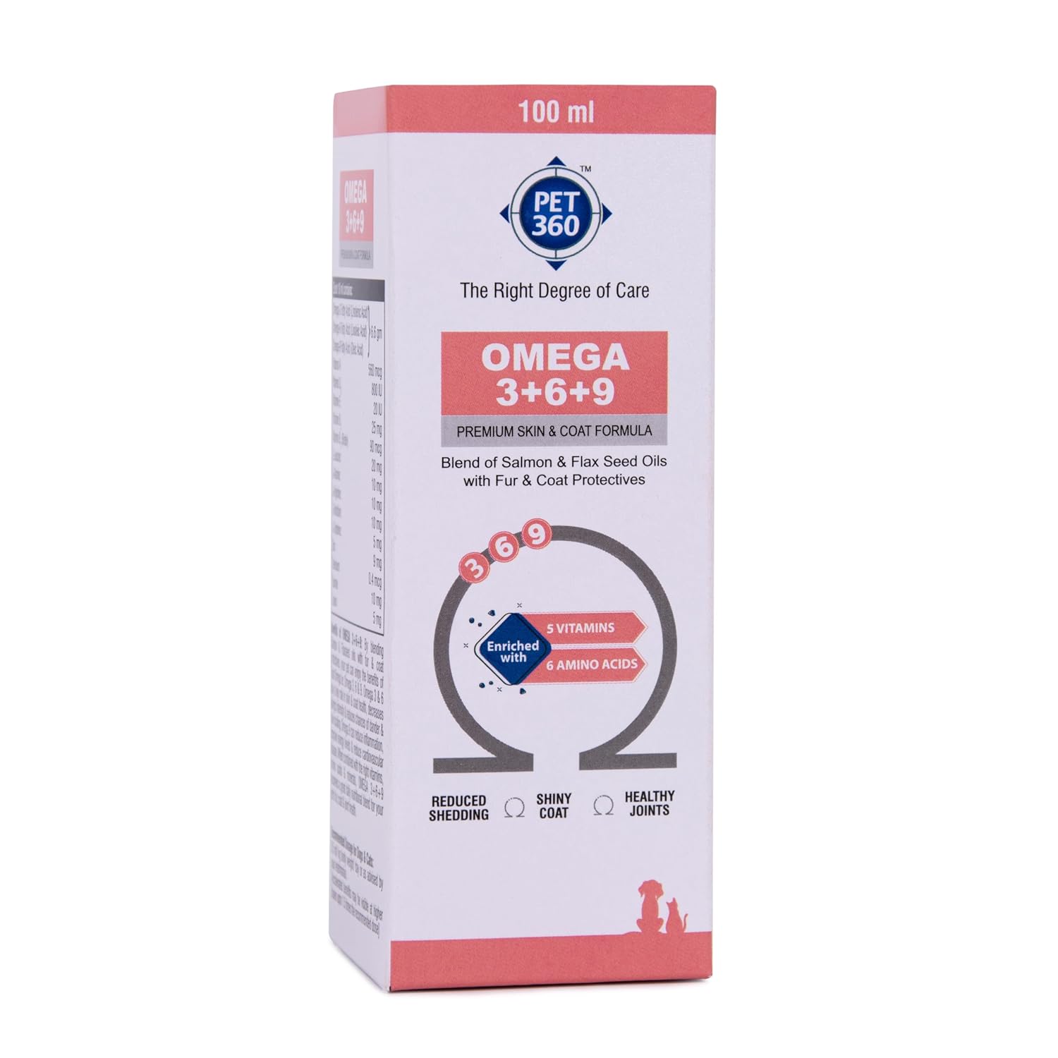 PET360 Omega 3+6+9 | Blend of Salmon & Flax Seed Oils with Fur & Coat Protectives | Reduced Shedding | Shiny Coat | Healthy Joints | Nutritional Supplement for Pets – 100 ml