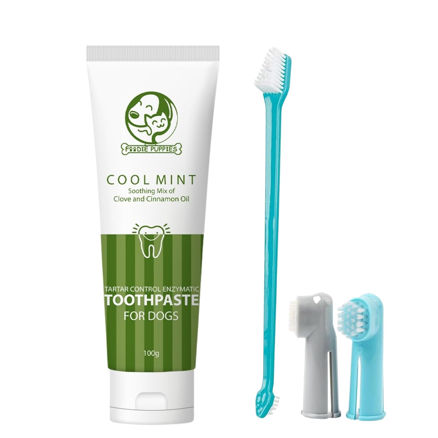 Foodie Puppies Pet Dental Oral Care Kit Combo – (Coolmint Toothpaste- 100g + 3Pcs Toothbrush) for Dogs | Soothes Inflame Gums, Remove Bad Breath, and Mix of Clove & Cinnamon Oil for Dogs and Puppies Foodie Puppies Pet Dental Oral Care Kit Combo – (Coolmint Toothpaste- 100g + 3Pcs Toothbrush) for Dogs | Soothes Inflame Gums, Remove Bad Breath, and Mix of Clove & Cinnamon Oil for Dogs and Puppies