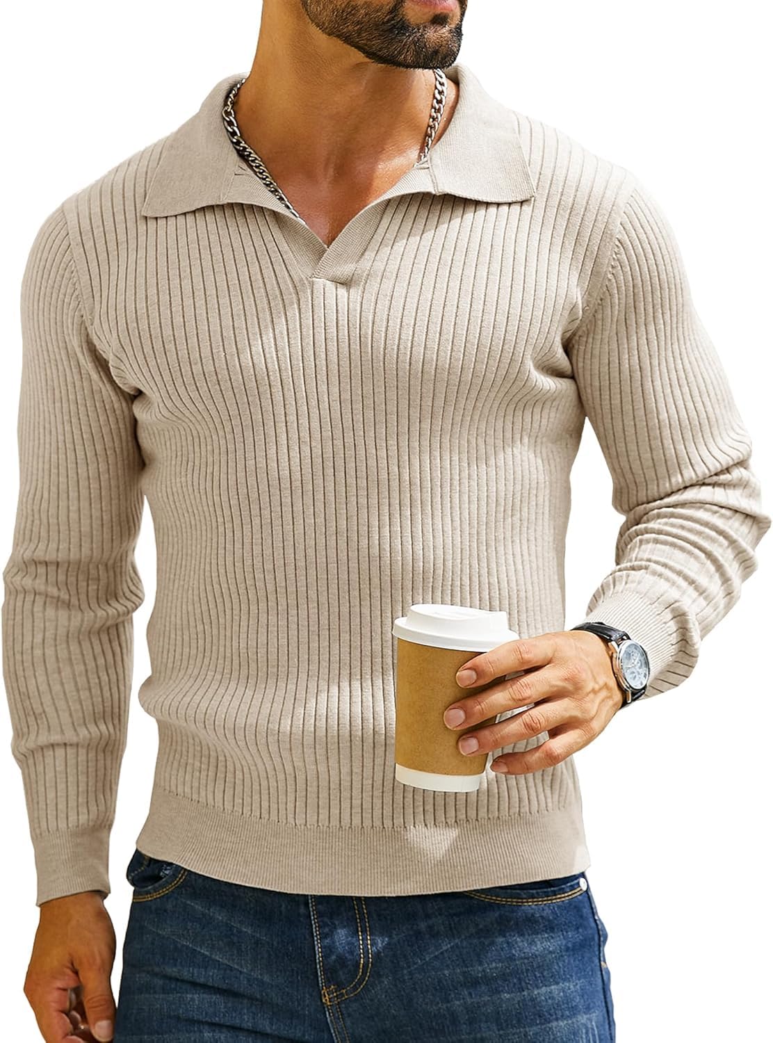 DENIMHOLIC Men’s Cotton Full Sleeve Collar Polo Sweater for Men, Rib Knitted Sweaters for Men Winter Sweater for Man