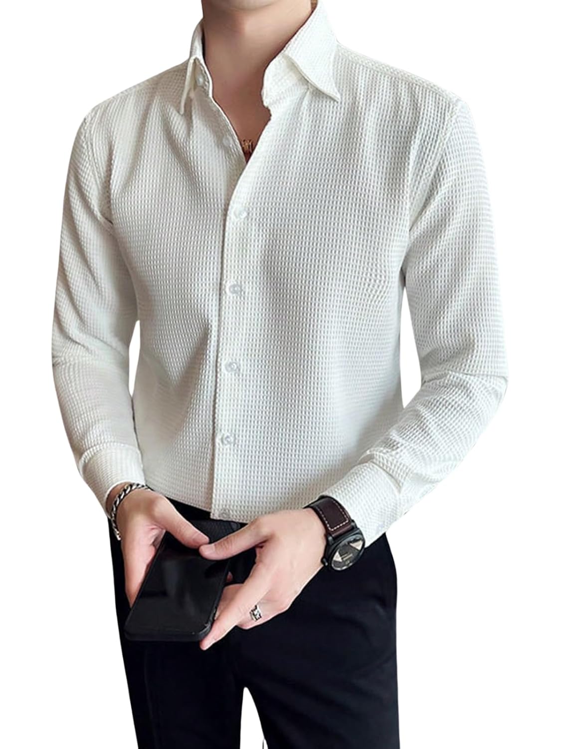 GRECIILOOKS Men’s Formal Button Down Shirt – Slim Fit Shirt’s for Men | Textured Long Sleeve Polycotton| Business & Meeting Ready (Available in Plus Size and Combo Pack of 2)
