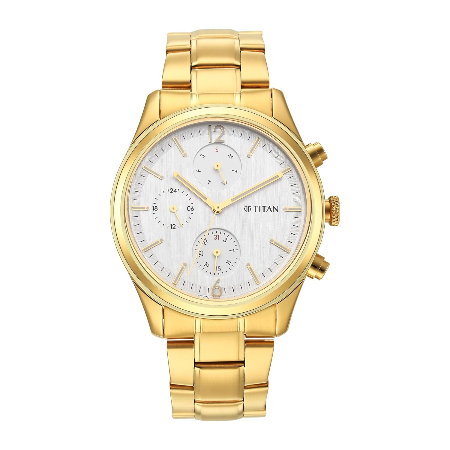 Titan Black and Gold Silver Dial Analog with Day and Date Stainless Steel Strap Watch for Men-NS1805YM01/NT1805YM01